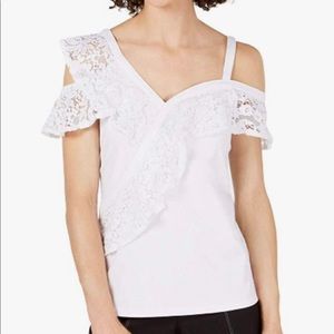 NWT I.n.c. Lace-Ruffle Cold-Shoulder Top